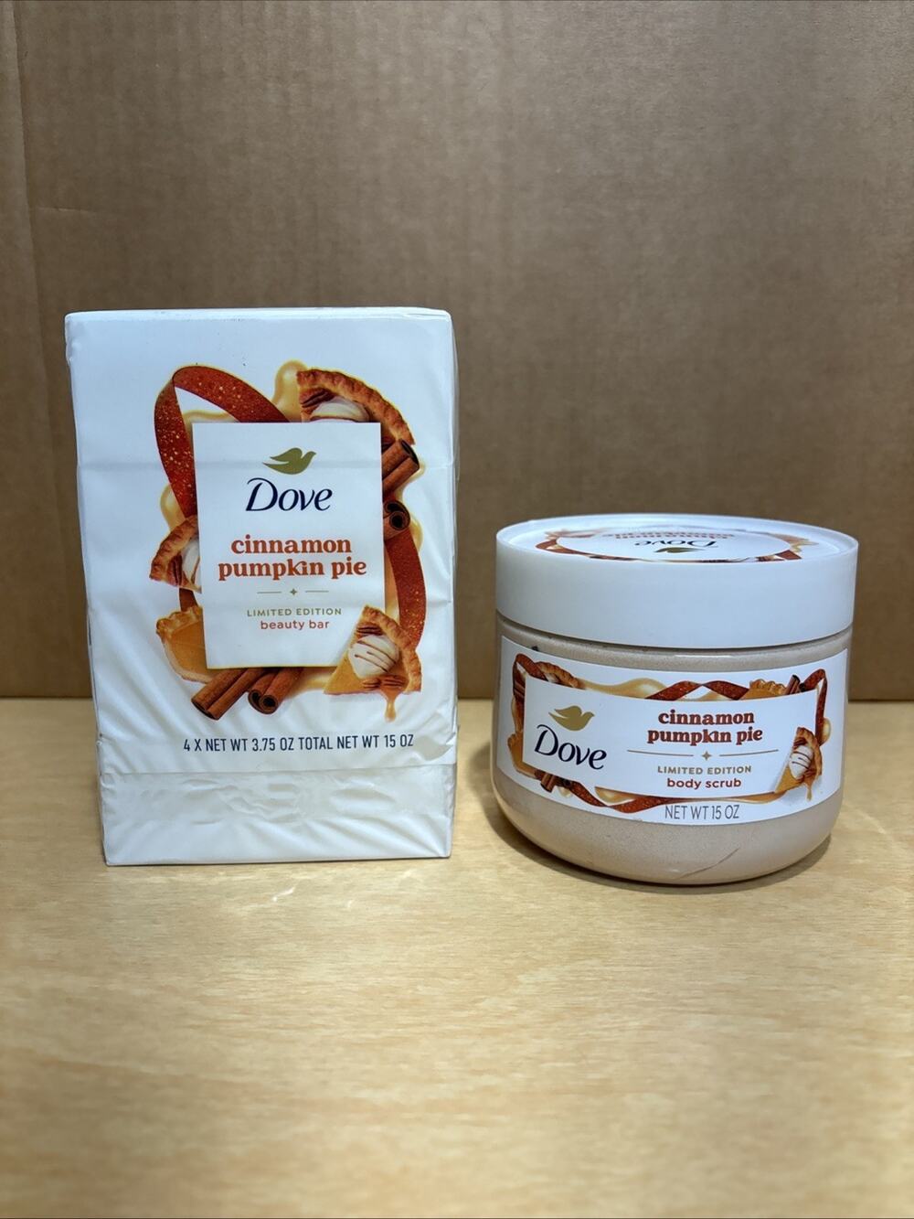 Dove Cinnamon Pumpkin Pie Holiday Treats Bar Soap 15oz 4 Bars & Body Scrub Jar